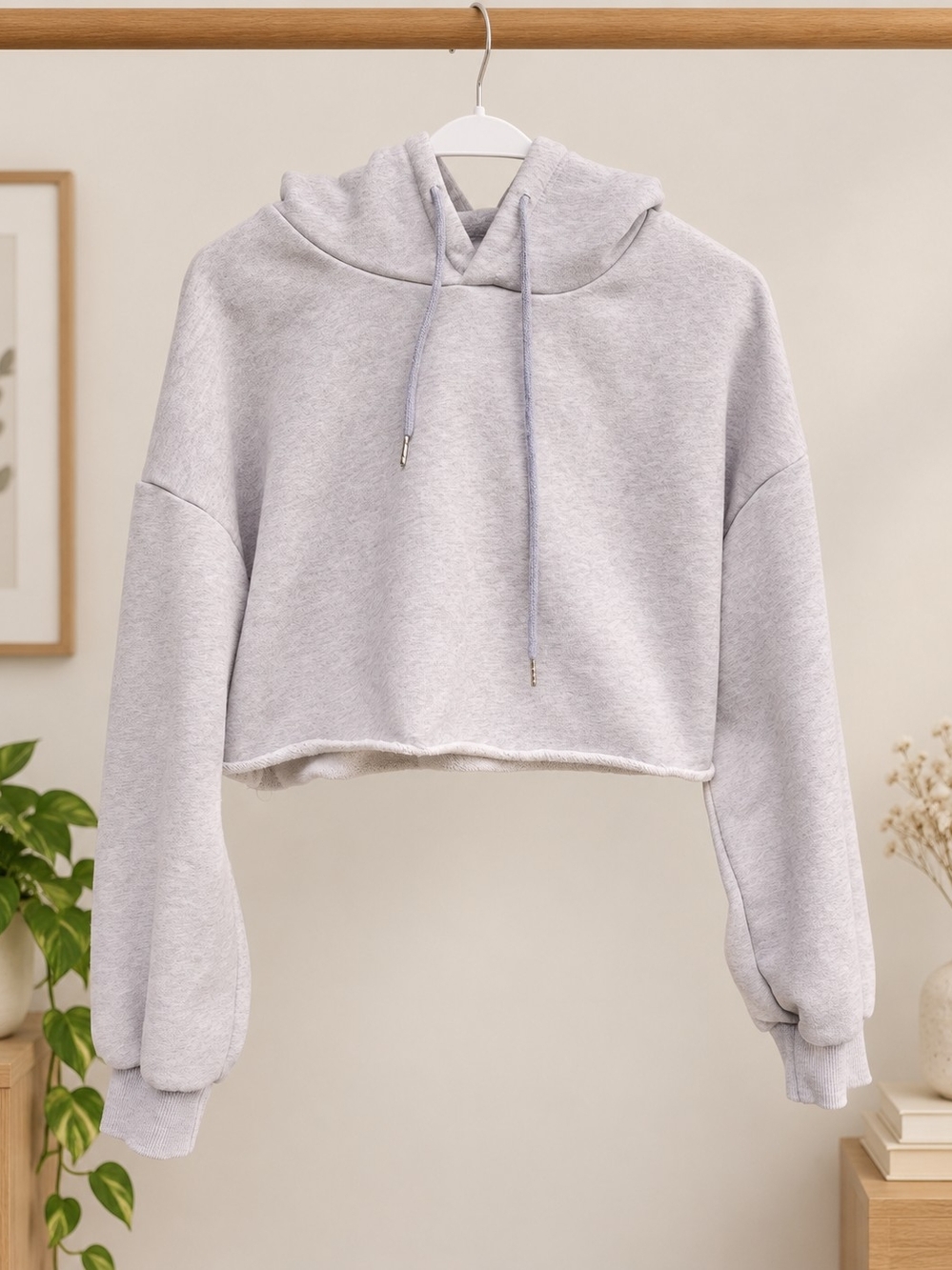 Light Gray Cropped Hoodie with Balloon Sleeves